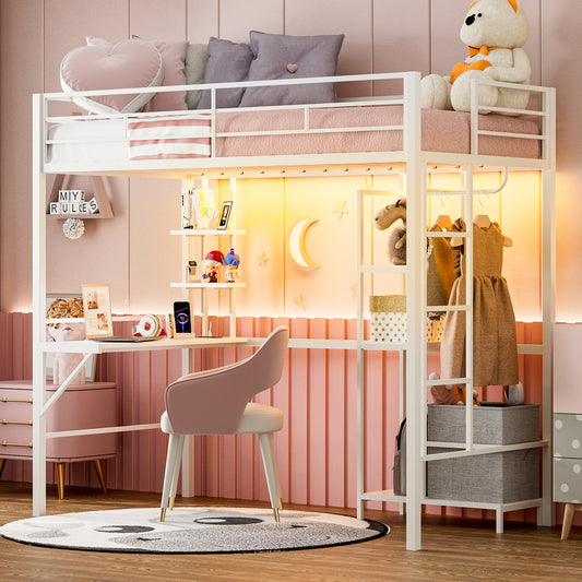 Metal Twin Loft Bed with Desk and Storage Shelves, LED Lights & Charging Station, Loft Bed Frame with 13.4” Guardrail