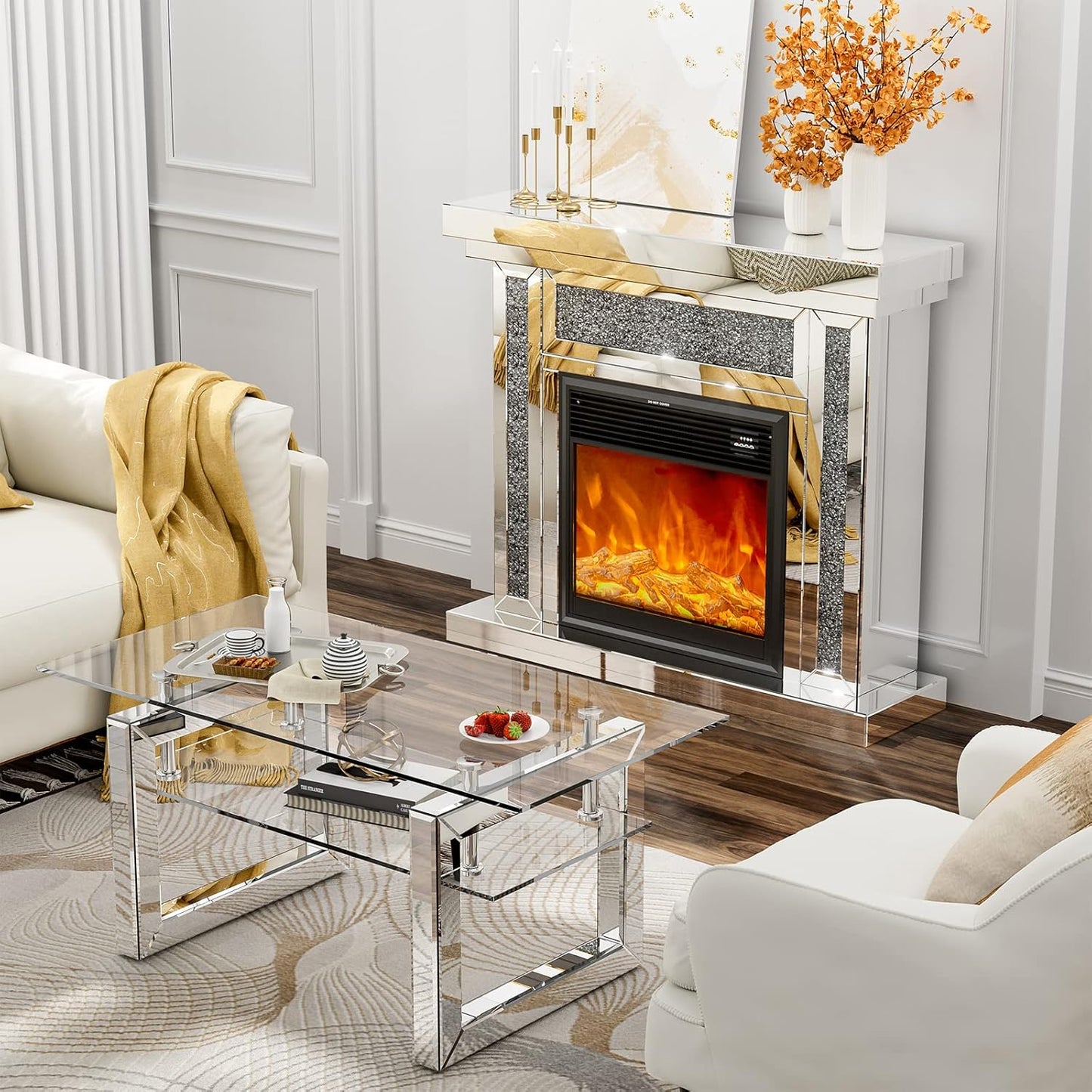 Mirrored Electric Fireplace TV Stand, LED Mantel Freestanding Heater