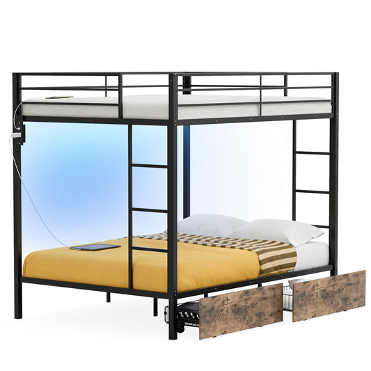 Bunk Beds with 2 Storage Drawers, Metal Full Size Bunk Bed with LED Lights and Charging Station, Safety Guardrail