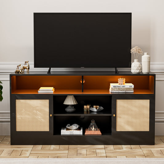LED Rattan TV Stand for 65 Inch TV, Multifunctional Cabinet with 2 Natural Rattan Doors and LED Lights