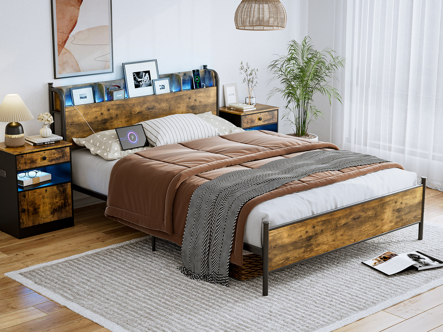 LED Bed Frame with Storage Shelf Headboard & Charging Station with Strong Steel Slats No Box Spring