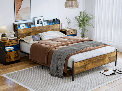 LED Bed Frame with Storage Shelf Headboard & Charging Station with Strong Steel Slats No Box Spring