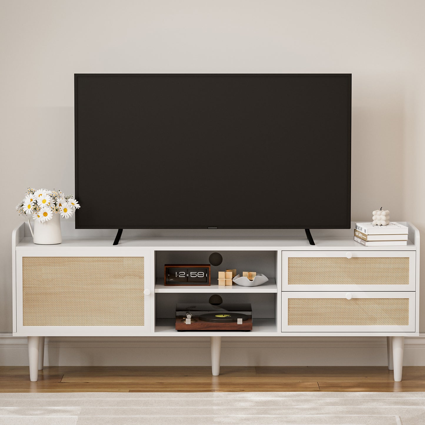 Rattan TV Stand 75 Inch TV with 2 Natural Rattan Drawers