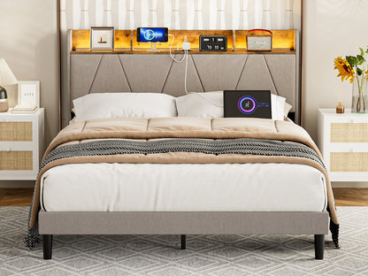 LED Bed Frame with Charging Station & Storage Shelf Upholstered Headboard,No Box Spring Needed