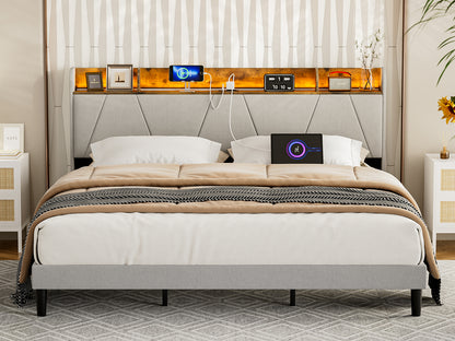 LED Bed Frame with Charging Station & Storage Shelf Upholstered Headboard,No Box Spring Needed