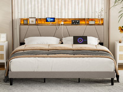 LED Bed Frame with Charging Station & Storage Shelf Upholstered Headboard,No Box Spring Needed