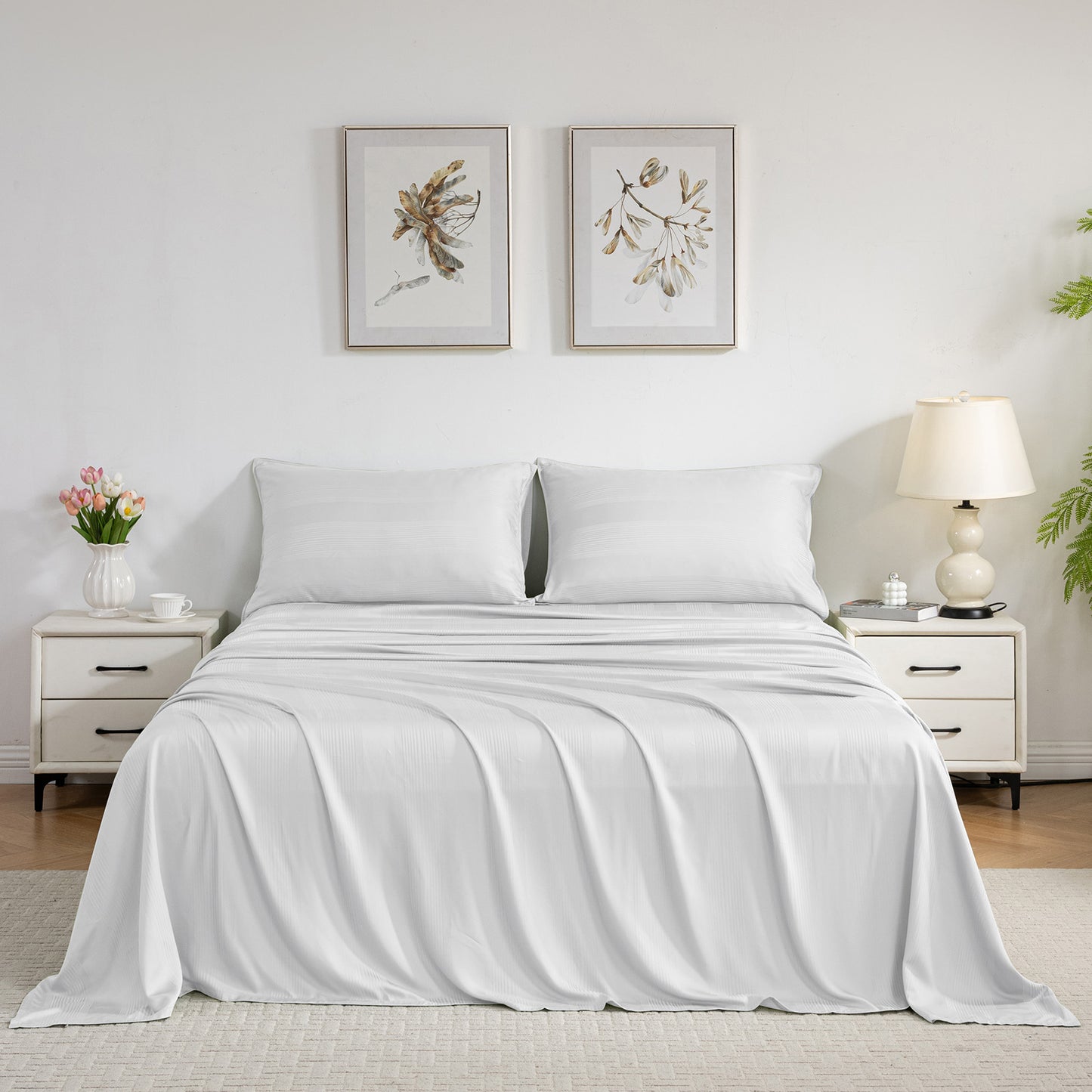 Bed Sheet Set-4 Piece 16” Deep Pocket, Striped Jacquard Ultra Soft Breathable Silky Bedding Sheets & Pillowcases-White