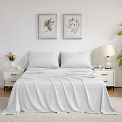 Bed Sheet Set-4 Piece 16” Deep Pocket, Striped Jacquard Ultra Soft Breathable Silky Bedding Sheets & Pillowcases-White