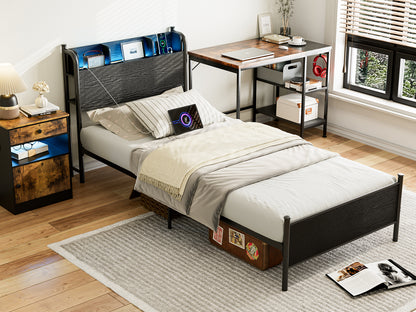 LED Bed Frame with Storage Shelf Headboard & Charging Station with Strong Steel Slats No Box Spring