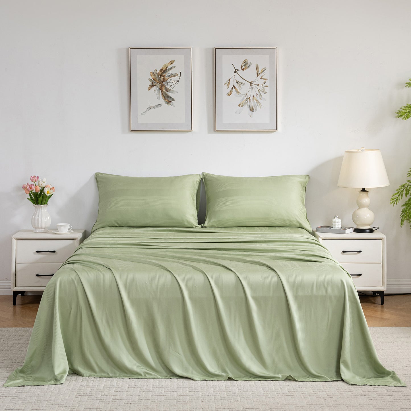 Bed Sheet Set-4 Piece 16” Deep Pocket, Striped Jacquard Ultra Soft Breathable Silky Bedding Sheets & Pillowcases-Green