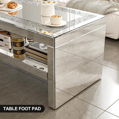 ARICOEASY Mirrored Coffee Table with Crystal Board, 2-Tier Rectangle Glass End Table for Living Room Bedroom, Sturdy Legs Easy Assembly