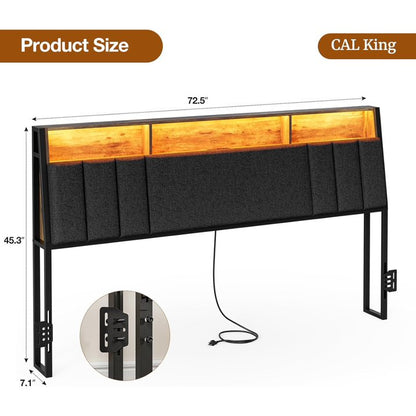 ARICOEASY Hidden Storage Headboard California King Size with Charging Station, Ergonomic Upholstered Cal King Headboard Only with LED Lights, 2 Outlets & 2 USB Ports, Easy Assembly