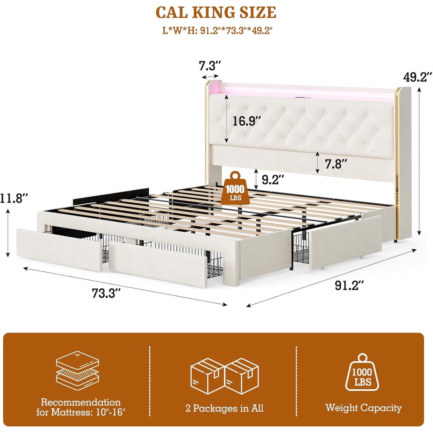 ARICOEASY Bed Frames with 3 Drawer Storage, Velvet Platform Bed with Button Tufted Headboard