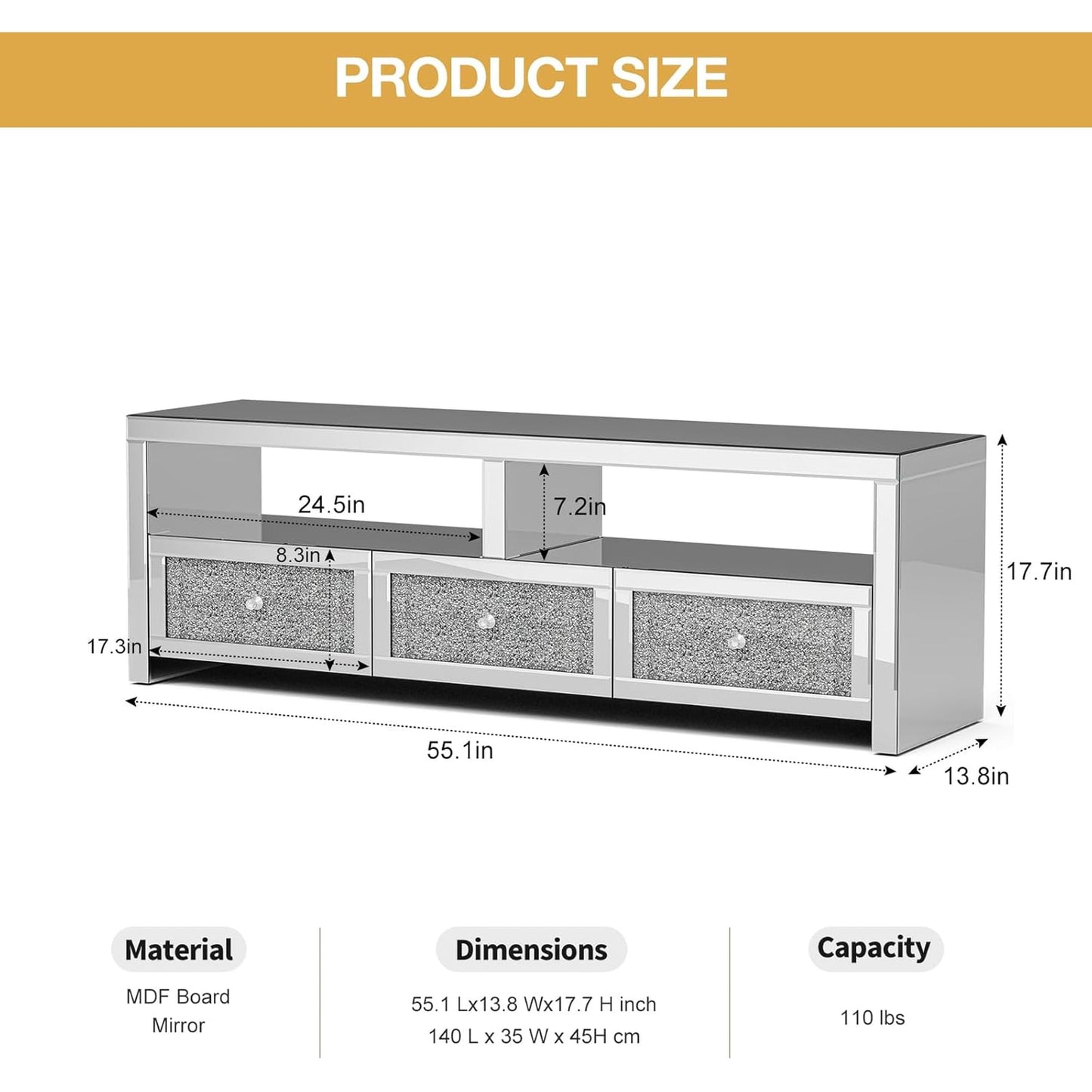 ARICOEASY Mirrored TV Stand for 65+ Inch TV, Silver Entertainment Center with Crushed Diamond Finish, LED Lights, 3 Drawers & 2 Open Shelves