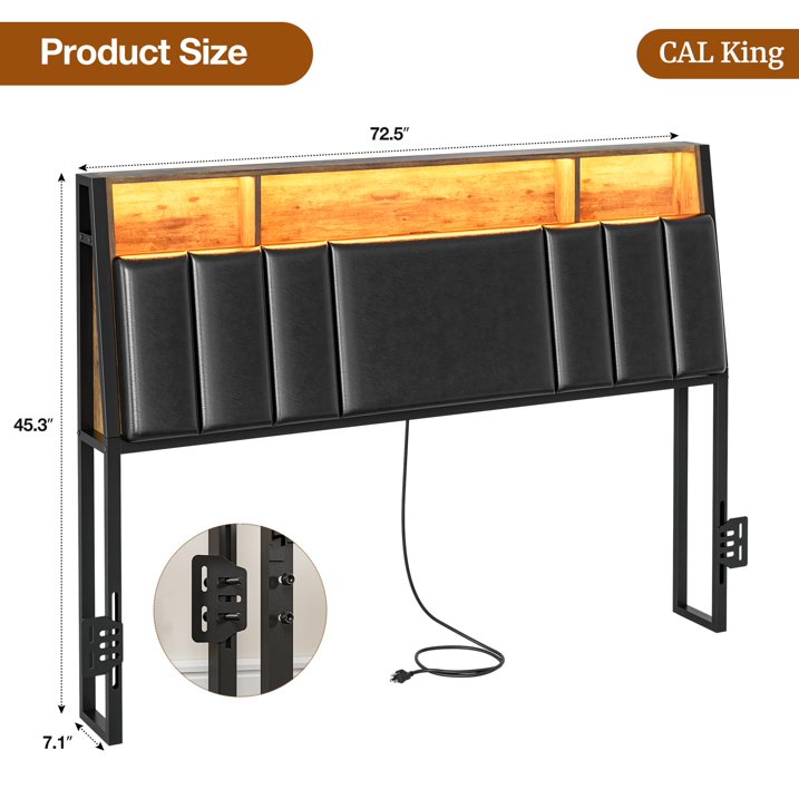 ARICOEASY Hidden Storage Headboard California King Size with Charging Station, Ergonomic Upholstered Cal King Headboard Only with LED Lights, 2 Outlets & 2 USB Ports, Easy Assembly