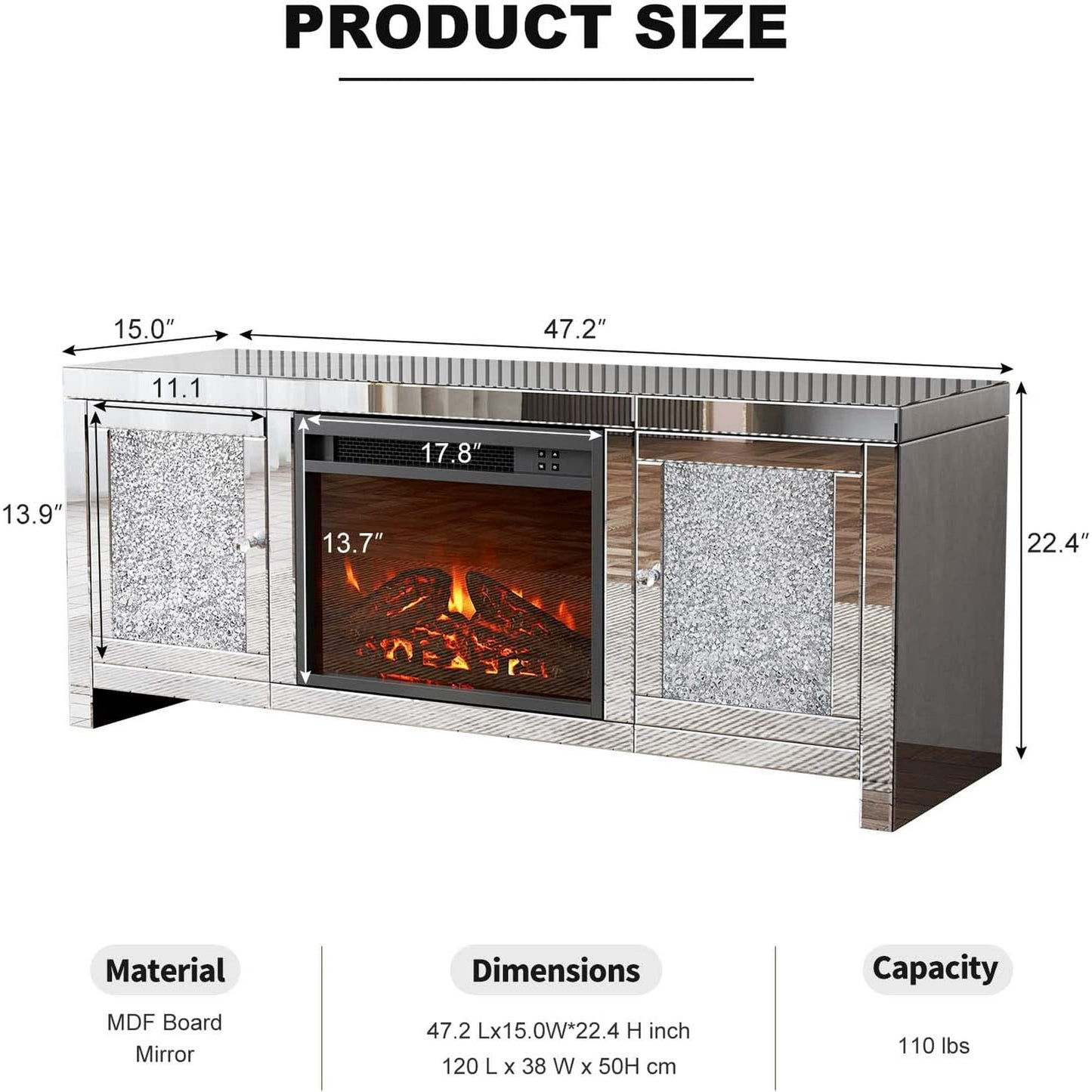 ARICOEASY Mirrored Fireplace TV Stand for TVs up to 55" with LED lights, Modern Entertainment Center for Living Room, Bedroom