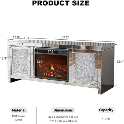 ARICOEASY Mirrored Fireplace TV Stand for TVs up to 55" with LED lights, Modern Entertainment Center for Living Room, Bedroom