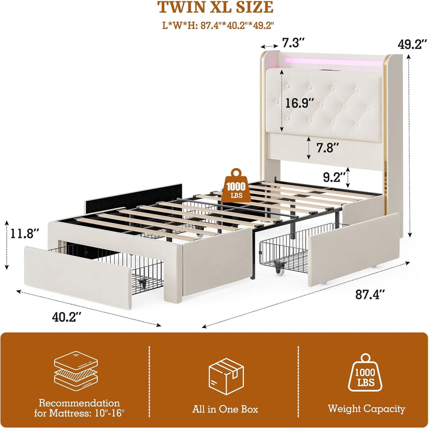 ARICOEASY Bed Frames with 3 Drawer Storage, Velvet Platform Bed with Button Tufted Headboard