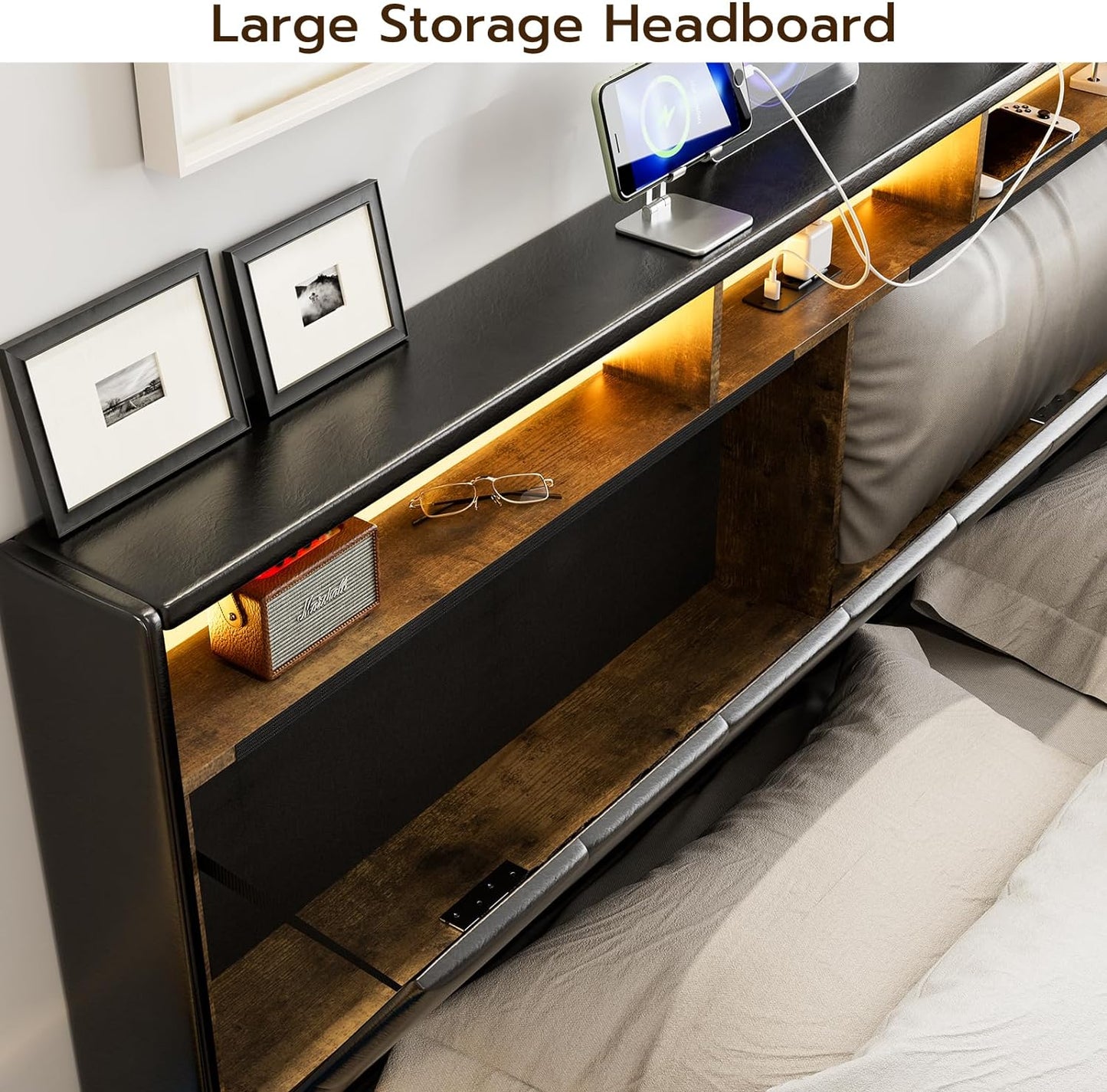 LED Bed Frame with 4 Storage Drawers, Hidden Storage Headboard with Charging Station No Box Spring
