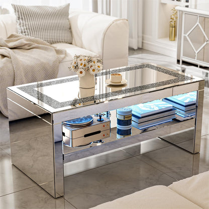 ARICOEASY Mirrored Coffee Table with Crystal Board, 2-Tier Rectangle Glass End Table for Living Room Bedroom, Sturdy Legs Easy Assembly