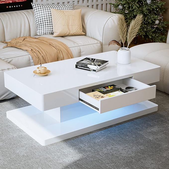 LED Coffee Table 2-Tier Rectangle Living Room Center Table with 16 Colors Lights