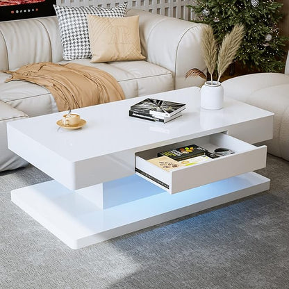 LED Coffee Table 2-Tier Rectangle Living Room Center Table with 16 Colors Lights