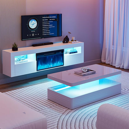 ARICOEASY Floating TV Stand with 28" Electric Fireplace & RGB LED Lights, Wall Mounted Media Console for TVs Up to 80"