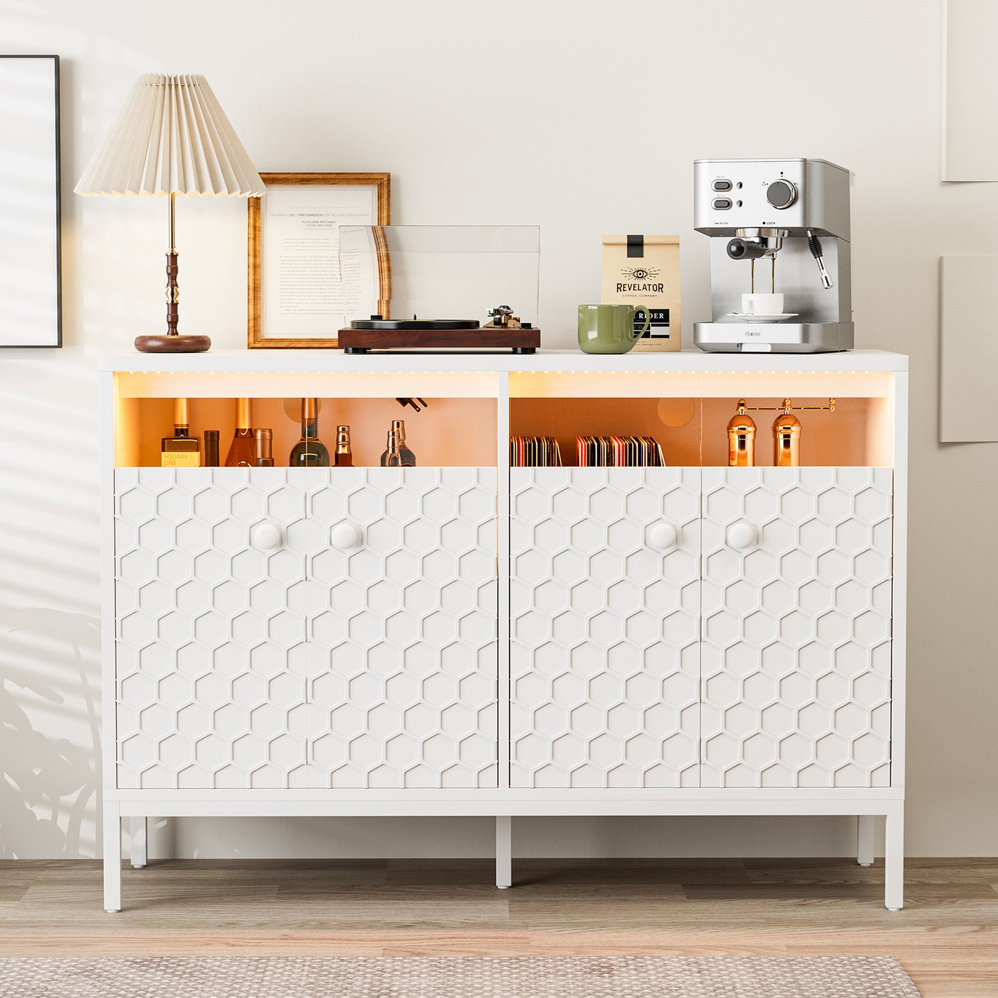 LED Buffet Cabinet with Power Outlet,4 Doors Sideboard Cabinet Table