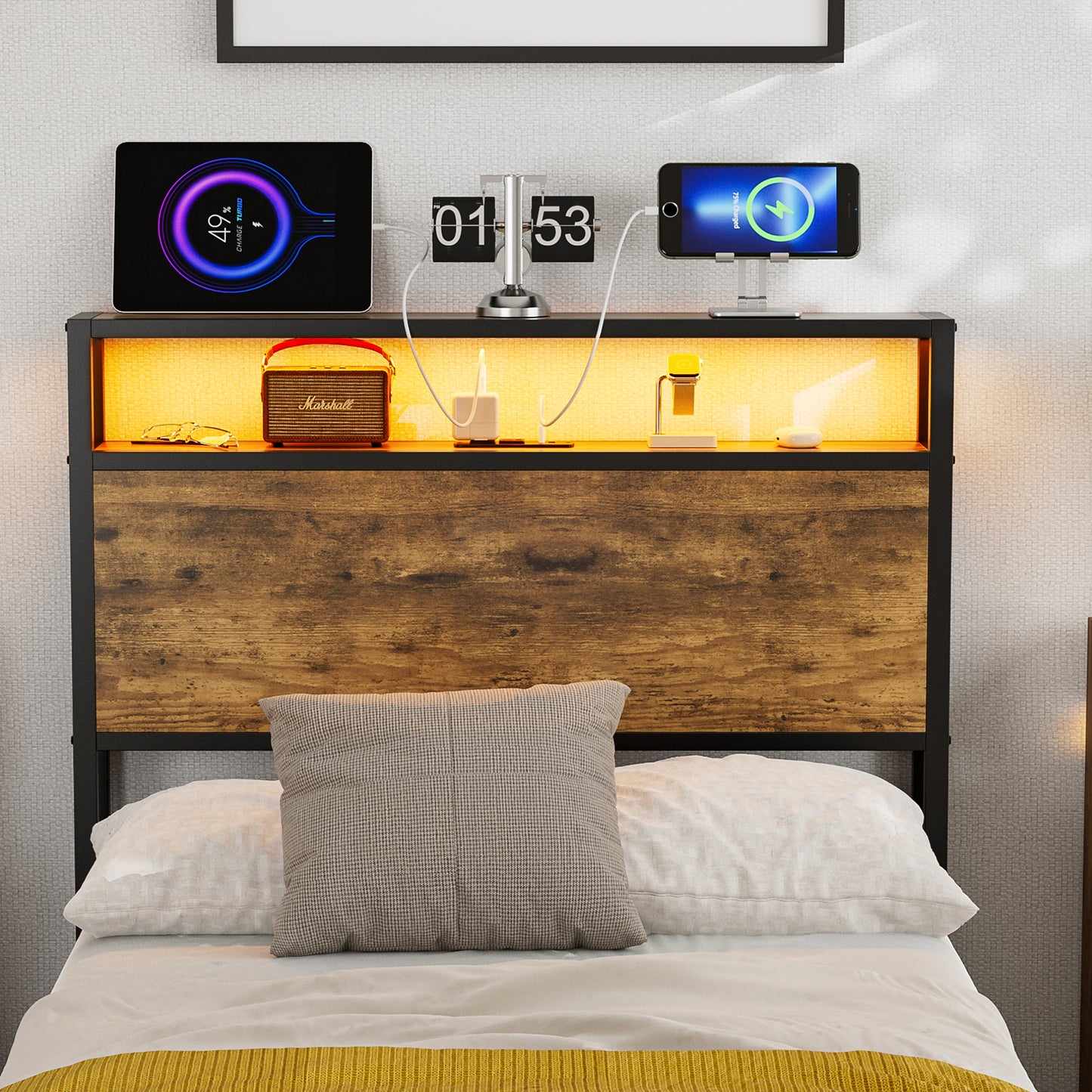 Metal Storage Headboard With RGB LED Light & Charging Station