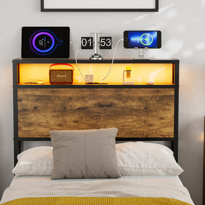 Metal Storage Headboard With RGB LED Light & Charging Station