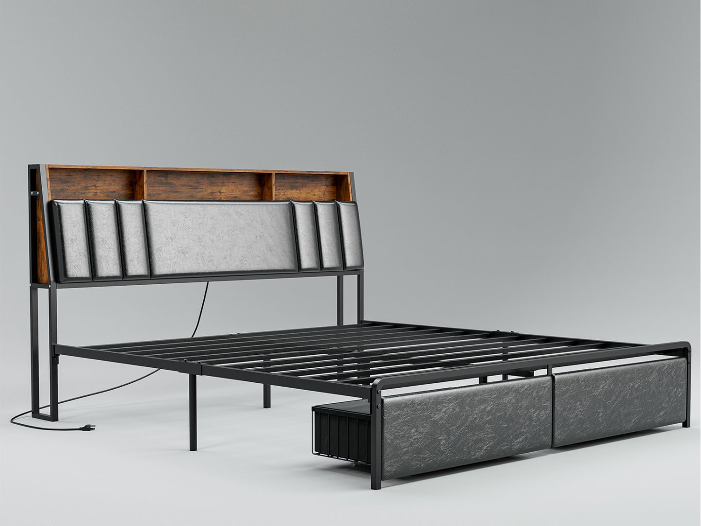 LED Bed Frames with Storage Drawers, Storage Upholstered headboard with Charging Station
