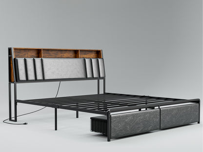 LED Bed Frames with Storage Drawers, Storage Upholstered headboard with Charging Station