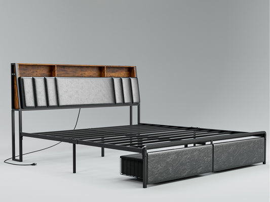 LED Bed Frames with Storage Drawers, Storage Upholstered headboard with Charging Station