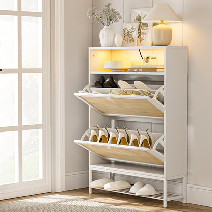 Rattan Shoe Cabinet with LED Light, 2 Flip Drawers & Open Shelves