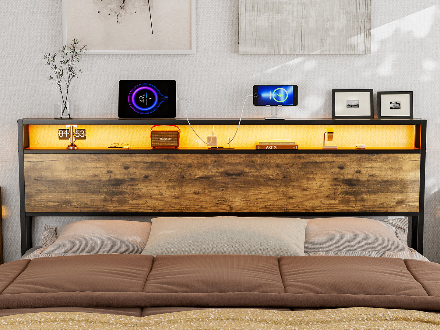 Metal Storage Headboard With RGB LED Light & Charging Station