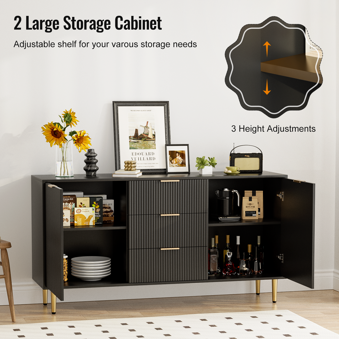 Sideboard with Drawers, Fluted Buffet Cabinet with Storage, Adjustable Shelves
