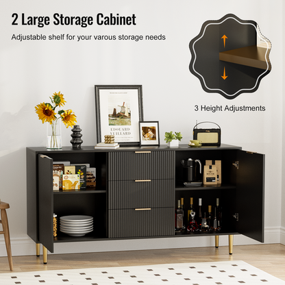 Sideboard with Drawers, Fluted Buffet Cabinet with Storage, Adjustable Shelves