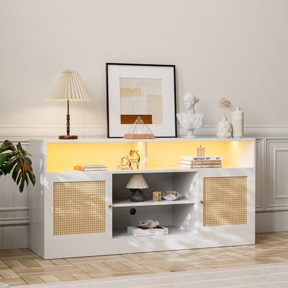 LED Rattan TV Stand for 65 Inch TV, Multifunctional Cabinet with 2 Natural Rattan Doors and LED Lights