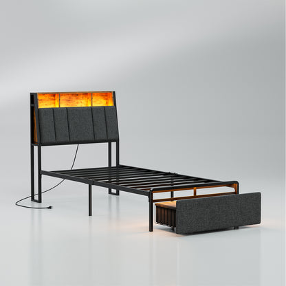 LED Bed Frames with Storage Drawers, Storage Upholstered headboard with Charging Station