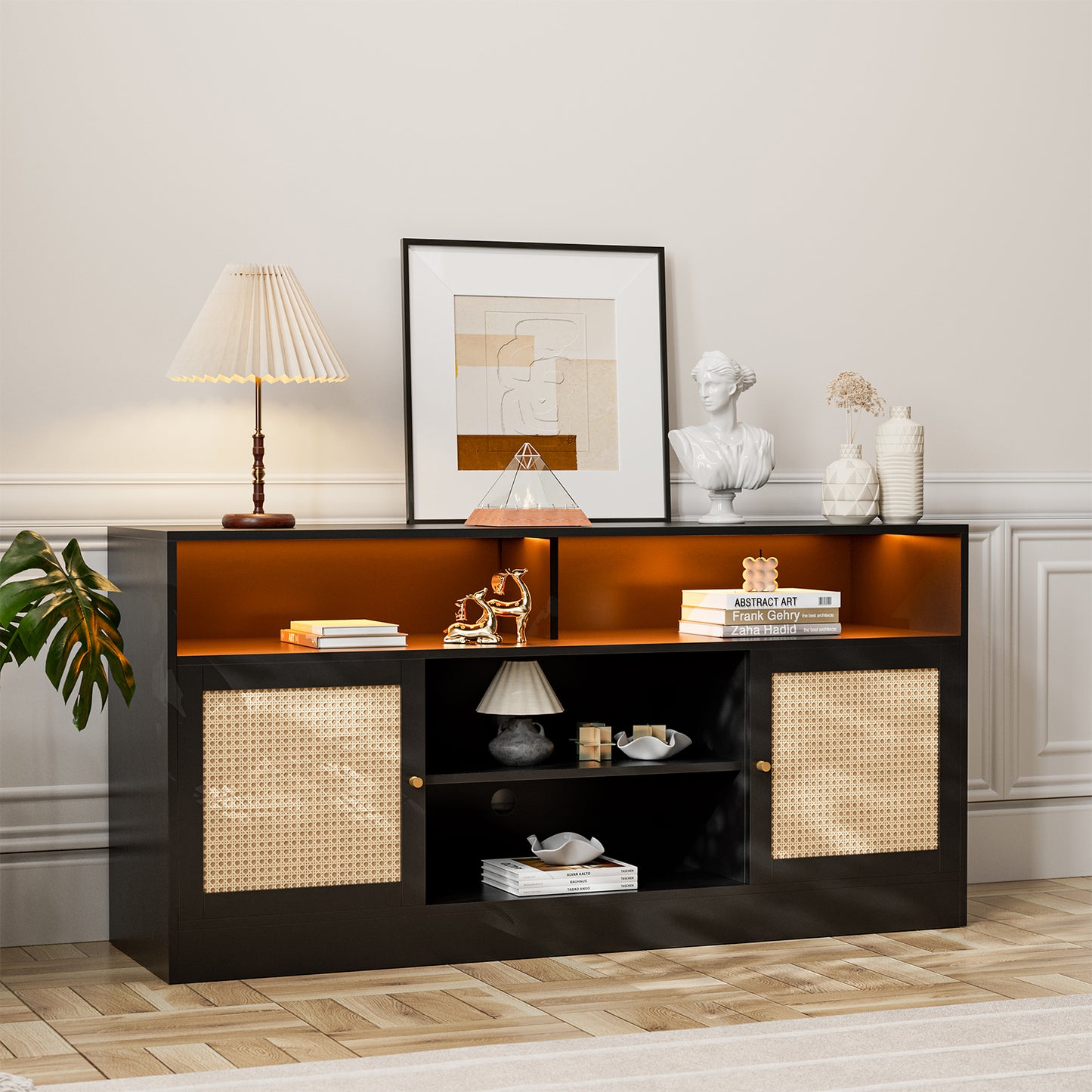 LED Rattan TV Stand for 65 Inch TV, Multifunctional Cabinet with 2 Natural Rattan Doors and LED Lights