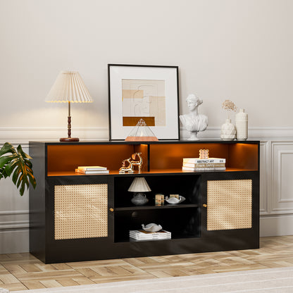 LED Rattan TV Stand for 65 Inch TV, Multifunctional Cabinet with 2 Natural Rattan Doors and LED Lights