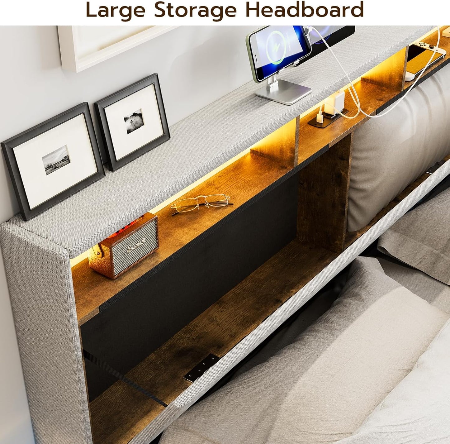 LED Bed Frame with 4 Storage Drawers, Hidden Storage Headboard with Charging Station No Box Spring