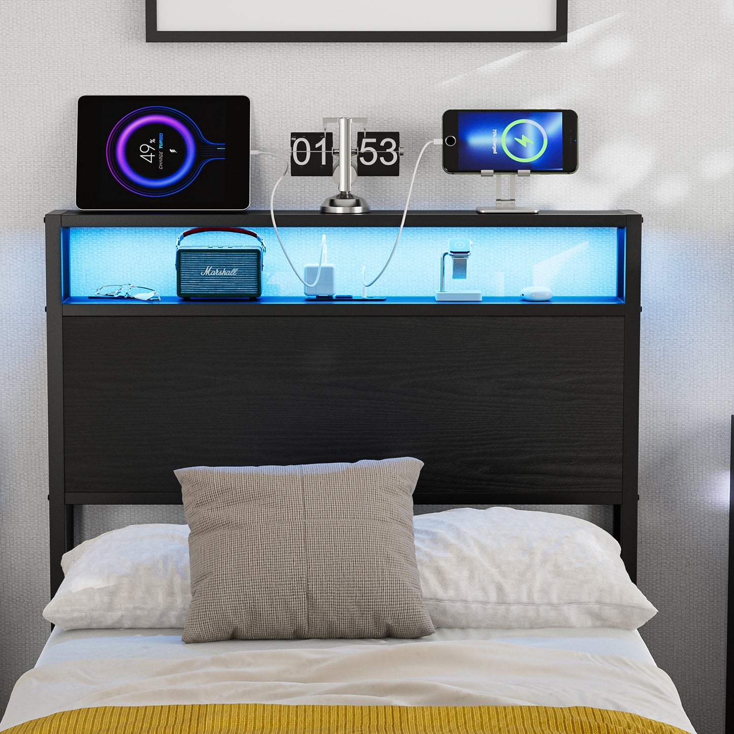 Metal Storage Headboard With RGB LED Light & Charging Station