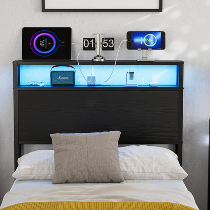 Metal Storage Headboard With RGB LED Light & Charging Station