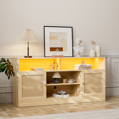 LED Rattan TV Stand for 65 Inch TV, Multifunctional Cabinet with 2 Natural Rattan Doors and LED Lights