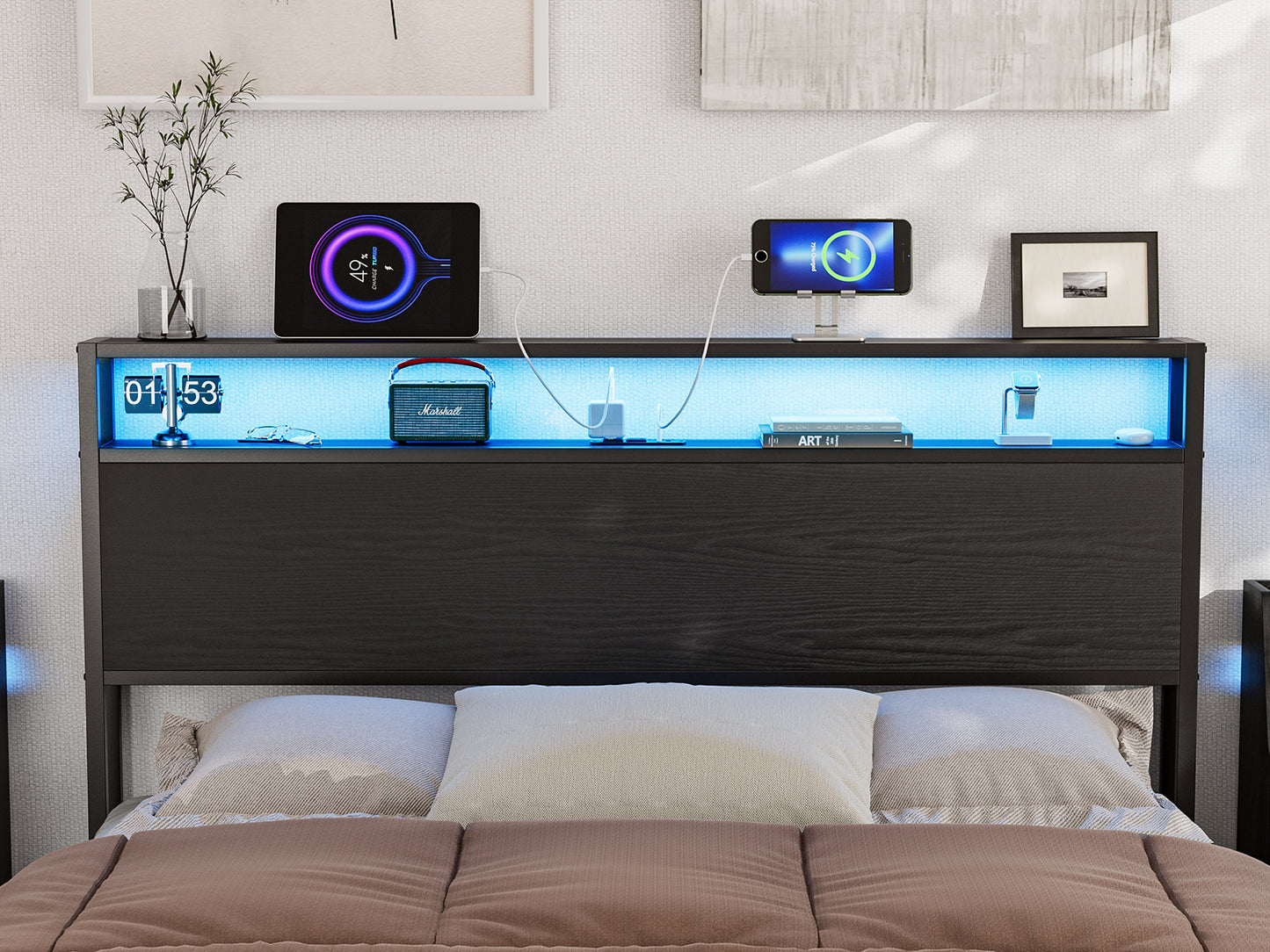 Metal Storage Headboard With RGB LED Light & Charging Station