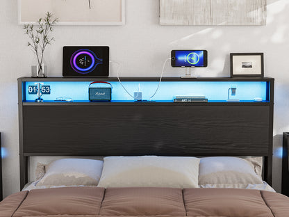 Metal Storage Headboard With RGB LED Light & Charging Station