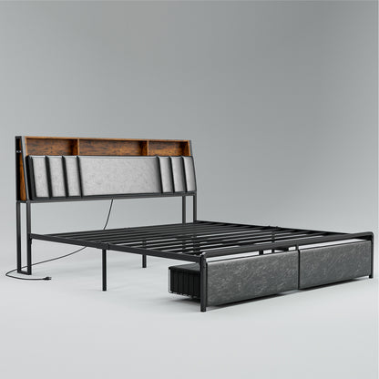 LED Bed Frames with Storage Drawers, Storage Upholstered headboard with Charging Station