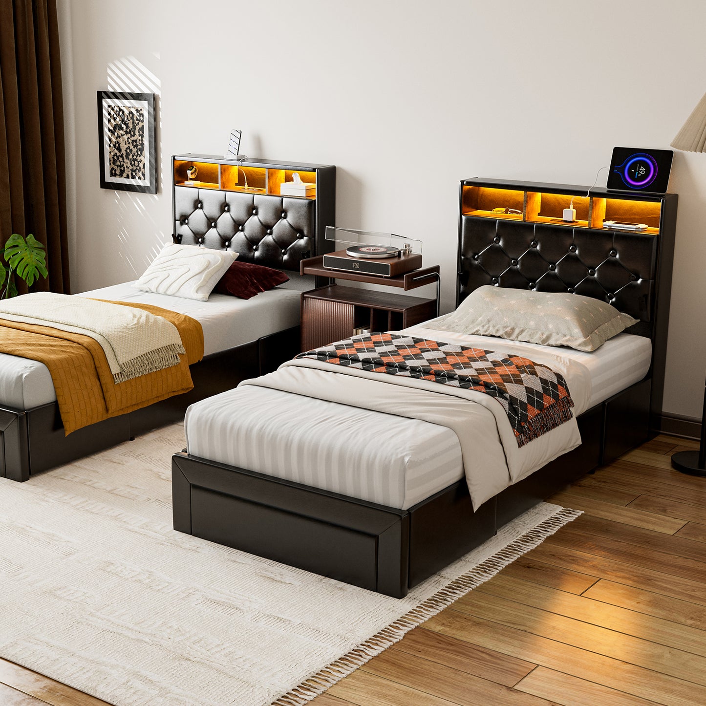 Twin XL Bed Frames with Hidden Storage Headboard & 3 Drawers & LED Lights & Charging Station