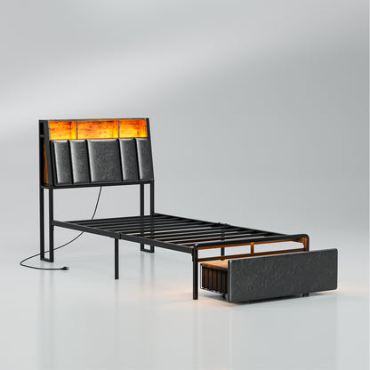 LED Bed Frames with Storage Drawers, Storage Upholstered headboard with Charging Station